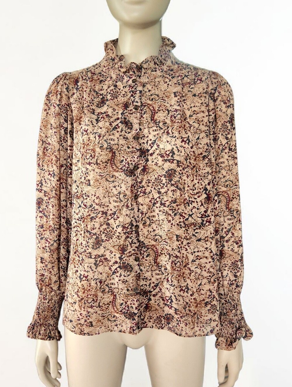 Grade Gather Smock Collar Sleeve Blouse Womens S Brown Multi Button Up Top Boho